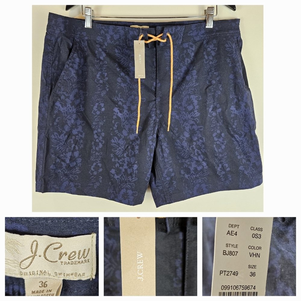 J. Crew 7" Stretch Breaker Board Short Size 36 in Blue Black Floral Print A0216